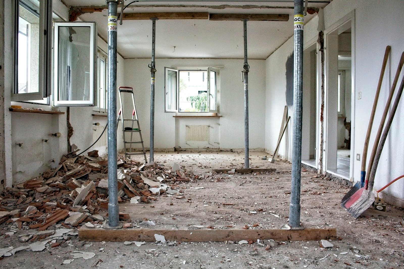 Room under renovation with construction debris